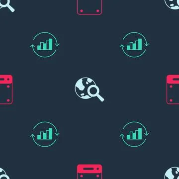 Set Server, Search globe and Pie chart infographic on seamless pattern. Vector Stock Illustration