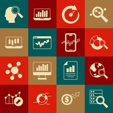 Set Server, Search globe, data analysis, Digital speed meter, Graph chart Illustrazione stock