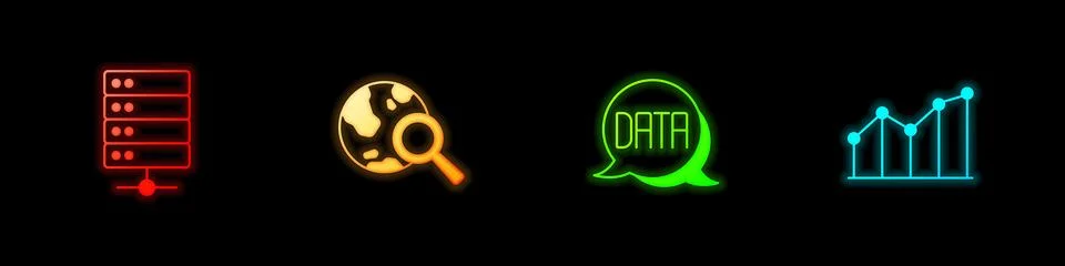 Set Server, Search globe, Data analysis and Pie chart infographic icon. Vector Stock Illustration