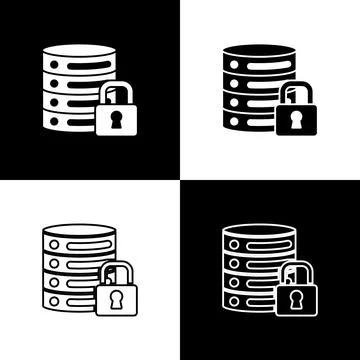 Set Server security with closed padlock icon isolated on black and white ba.. Stock Illustration