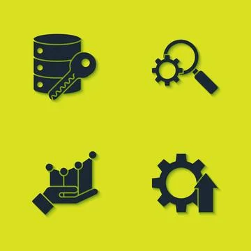 Set Server security with key, Arrow growth gear, Pie chart infographic and Ma Stock Illustration