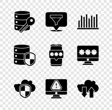 Set Server security with key, Location sales funnel, Pie chart infographic Stock Illustration