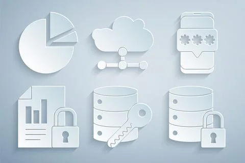Set Server security with key, Mobile and password, Document lock, Network cloud Stockillustratie