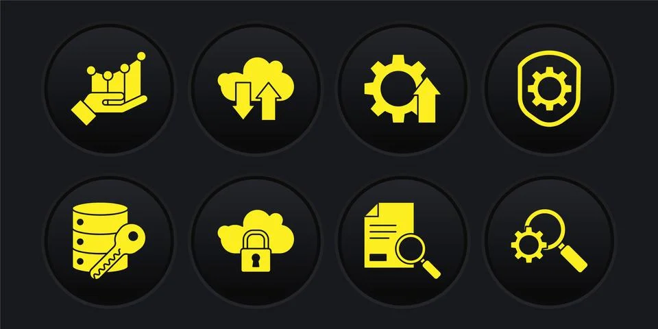 Set Server security with key, Shield settings gear, Cloud computing lock Stock Illustration