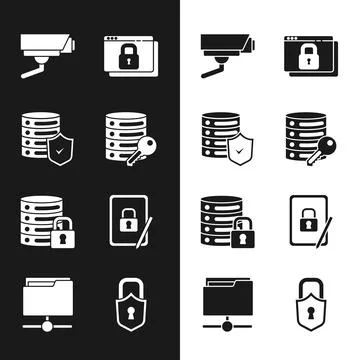 Set Server security with key, shield, Security camera, Secure your site HTTPS Иллюстрация