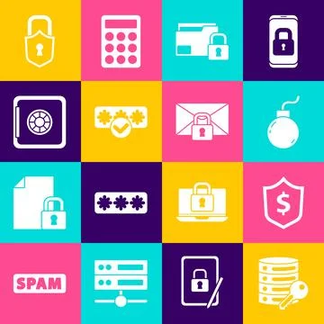 Set Server security with key, Shield dollar, Bomb ready to explode, Folder and Stock Illustration