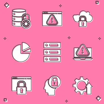 Set Server security with lock, Browser exclamation mark, Cloud computing, Pie 스톡 일러스트