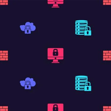 Set Server security with lock, Cloud computing, Lock on computer monitor and Stock Illustration