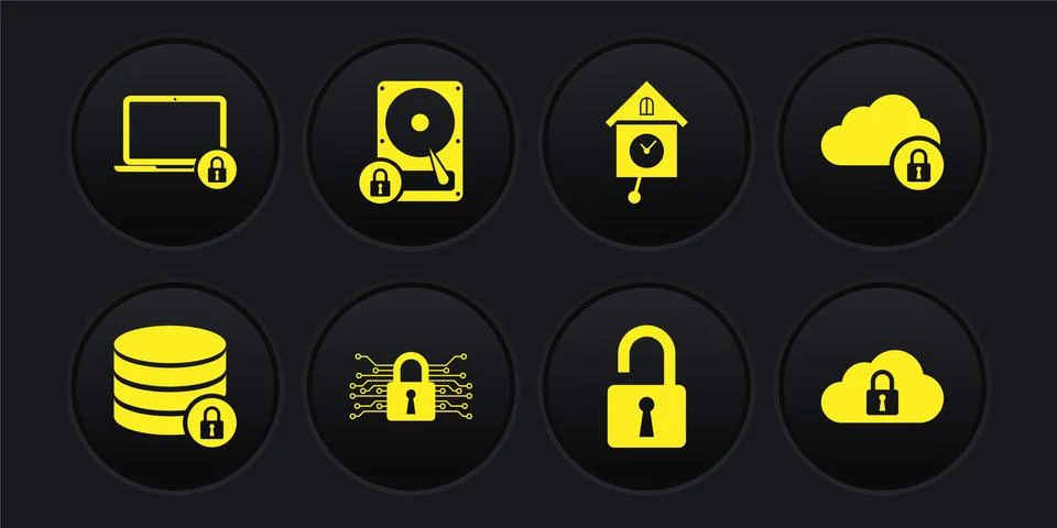 Set Server security with lock, Cloud computing, Cyber, Open padlock, Retro wall Stock Illustration