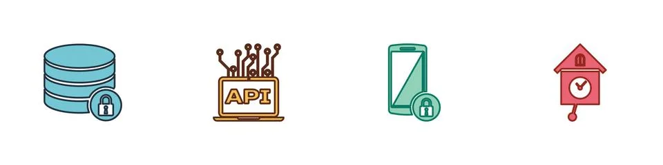 Set Server security with lock, Computer api interface, Smartphone and Retro wall 스톡 일러스트