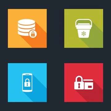 Set Server security with lock, Cooler bag, Smartphone and Credit card icon. V Stock Illustration