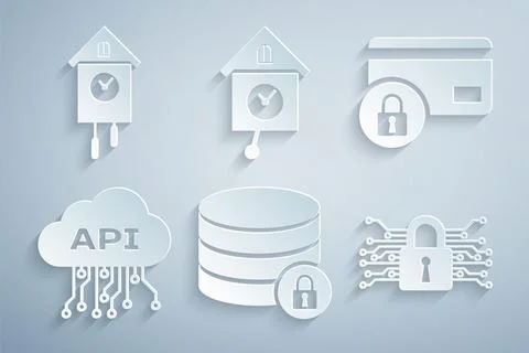 Set Server security with lock, Credit card, Cloud api interface, Cyber, Ret.. Stock Illustration