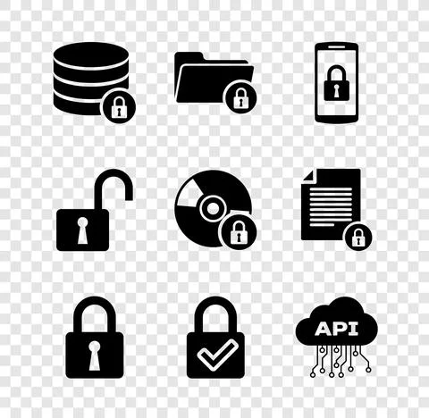 Set Server security with lock, Folder and, Smartphone, Lock, check mark and 스톡 일러스트