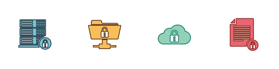 Set Server security with lock, FTP folder and, Cloud computing and Document icon イラスト素材