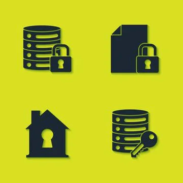 Set Server security with lock, key, House under protection and Document and icon Illustrazione stock