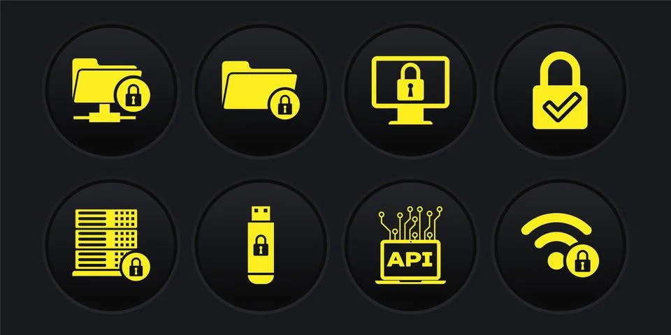Set Server security with lock, Lock and check mark, USB flash drive, Computer Stock Illustration