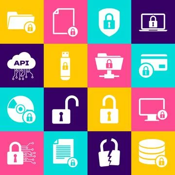 Set Server security with lock, Lock on monitor, Credit card, Shield, USB flash 스톡 일러스트