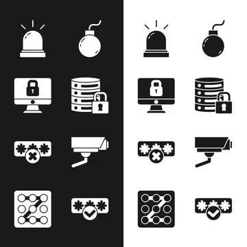 Set Server security with lock, Lock on computer monitor, Motion sensor, Bomb 스톡 일러스트