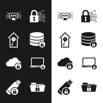 Set Server security with lock, Retro wall watch, Computer api interface, Cyber 스톡 일러스트