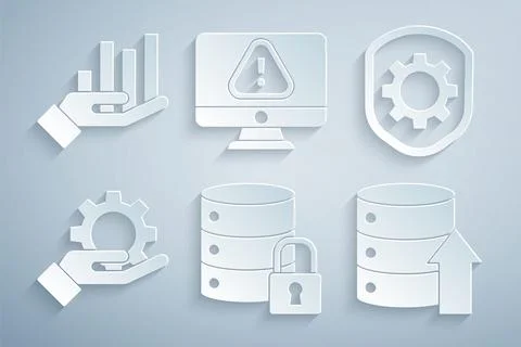 Set Server security with lock, Shield settings gear, Hand, Server, Data, Web Stock Illustration