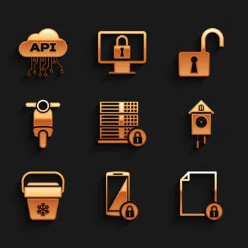 Set Server security with lock, Smartphone, Document and, Retro wall watch Illustrazione stock