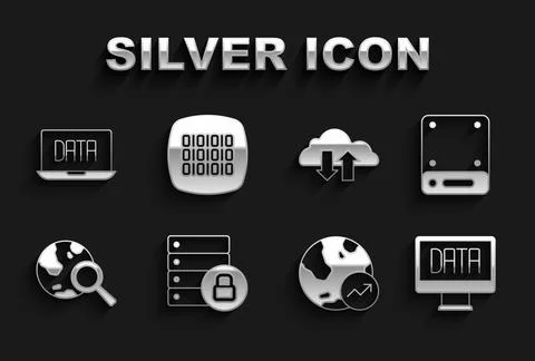 Set Server security with padlock, Data analysis, Financial growth, Search globe Illustrazione stock