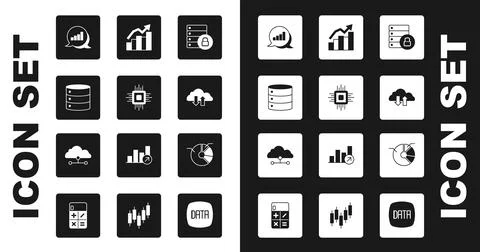 Set Server security with padlock, Processor CPU, Pie chart infographic, Cloud 스톡 일러스트