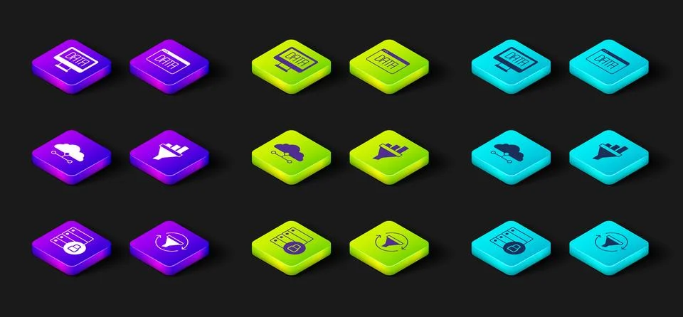 Set Server security with padlock, Sales funnel chart, Network cloud connection 스톡 일러스트