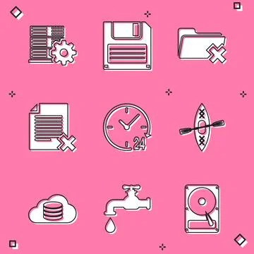 Set Server setting, Floppy disk, Delete folder, file document, Clock 24 hou.. 스톡 일러스트