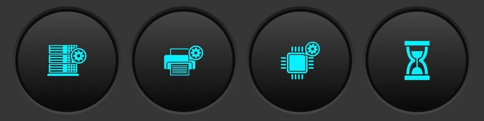 Set Server setting, Printer, Processor and Old hourglass with sand icon. Vector Illustrazione stock