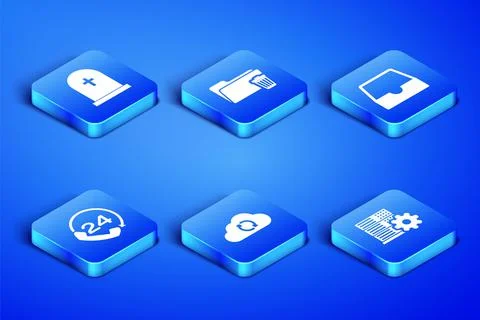 Set Server setting, Tombstone with cross, Cloud sync refresh, Telephone 24 hours Stock Illustration