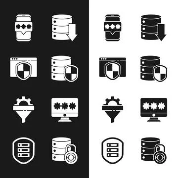 Set Server with shield, Browser, Mobile and password, Server, Data, Web Hosting Illustrazione stock