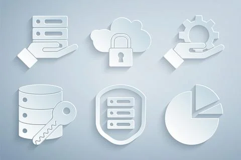 Set Server with shield, Hand settings gear, security key, Pie chart infographic Stock Illustration