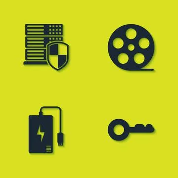 Set Server with shield, Key, Power bank and Film reel icon. Vector Stock Illustration