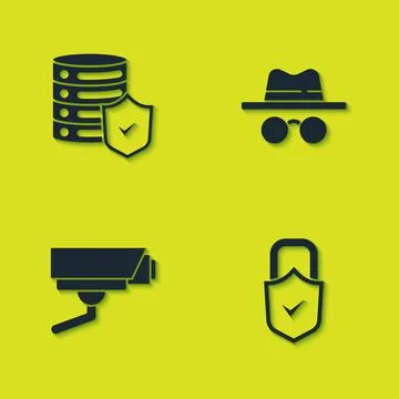 Set Server with shield, Lock and check mark, Security camera and Incognito mode Stock Illustration