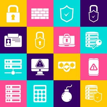 Set Server with shield, Mobile exclamation mark, security key, Shield check Stock Illustration
