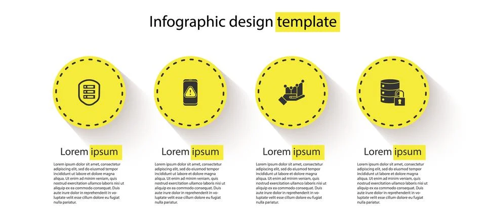 Set Server with shield, Mobile exclamation mark, Pie chart infographic and Stock Illustration
