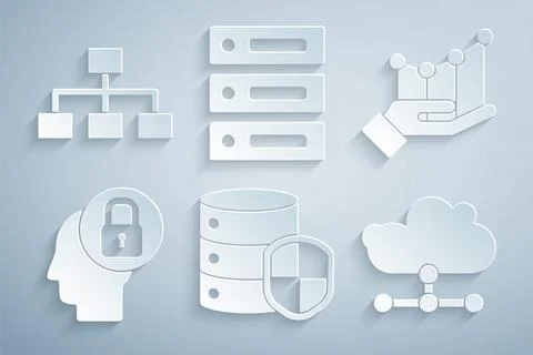 Set Server with shield, Pie chart infographic, Human head lock, Network cloud Stock Illustration