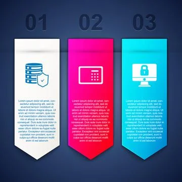 Set Server with shield, Safe and Lock on computer monitor. Business infograph Stock-Illustration