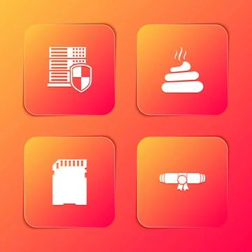 Set Server with shield, Shit, SD card and Diploma rolled scroll icon. Vector Illustrazione stock