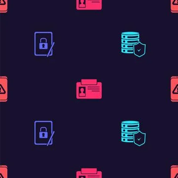 Set Server with shield, Tablet closed padlock, Identification badge and Mobile Illustrazione stock