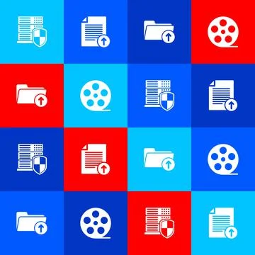Set Server with shield, Upload file, Download arrow folder and Film reel icon イラスト素材