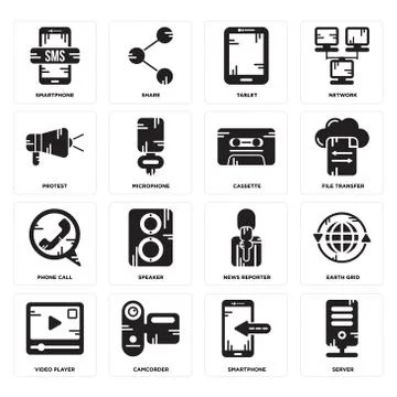 Set of Server, Smartphone, Video player, News reporter, Phone call, Cassette, Free Stock Illustration