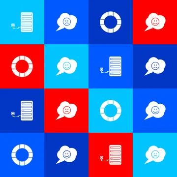 Set Server, Speech bubble with sad smile, Lifebuoy and face icon. Vector Illustrazione stock