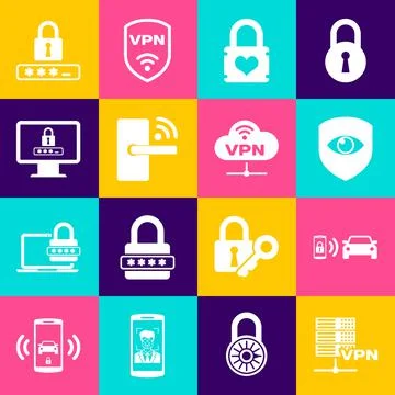 Set Server VPN, Smart car alarm system, Shield and eye, Padlock with heart, D Stock Illustration