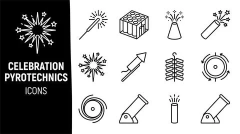 SET Set of celebration pyrotechnics and fireworks icons in outline style, i.. Stock Illustration