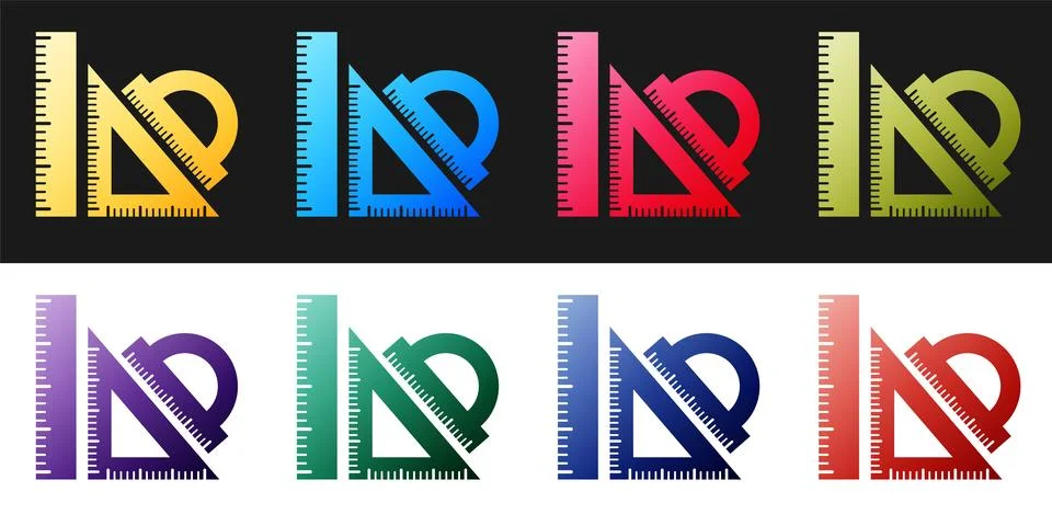 Set Set ruler, triangular ruler and protractor icon isolated on black and white Illustrazione stock