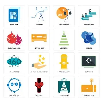 Set of set top box, cell tower, live support, fire hydrant, 360 degree, next  Illustrazione stock gratuita