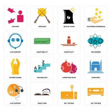 Set of set top box, live support, christmas bulb, folded hands, hospitality,  Illustrazione stock gratuita