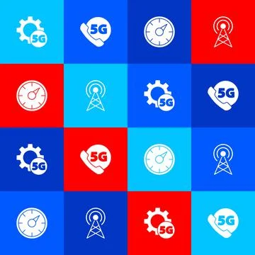 Set Setting 5G network, Phone with, Digital speed meter and Antenna icon. Vector Illustrazione stock